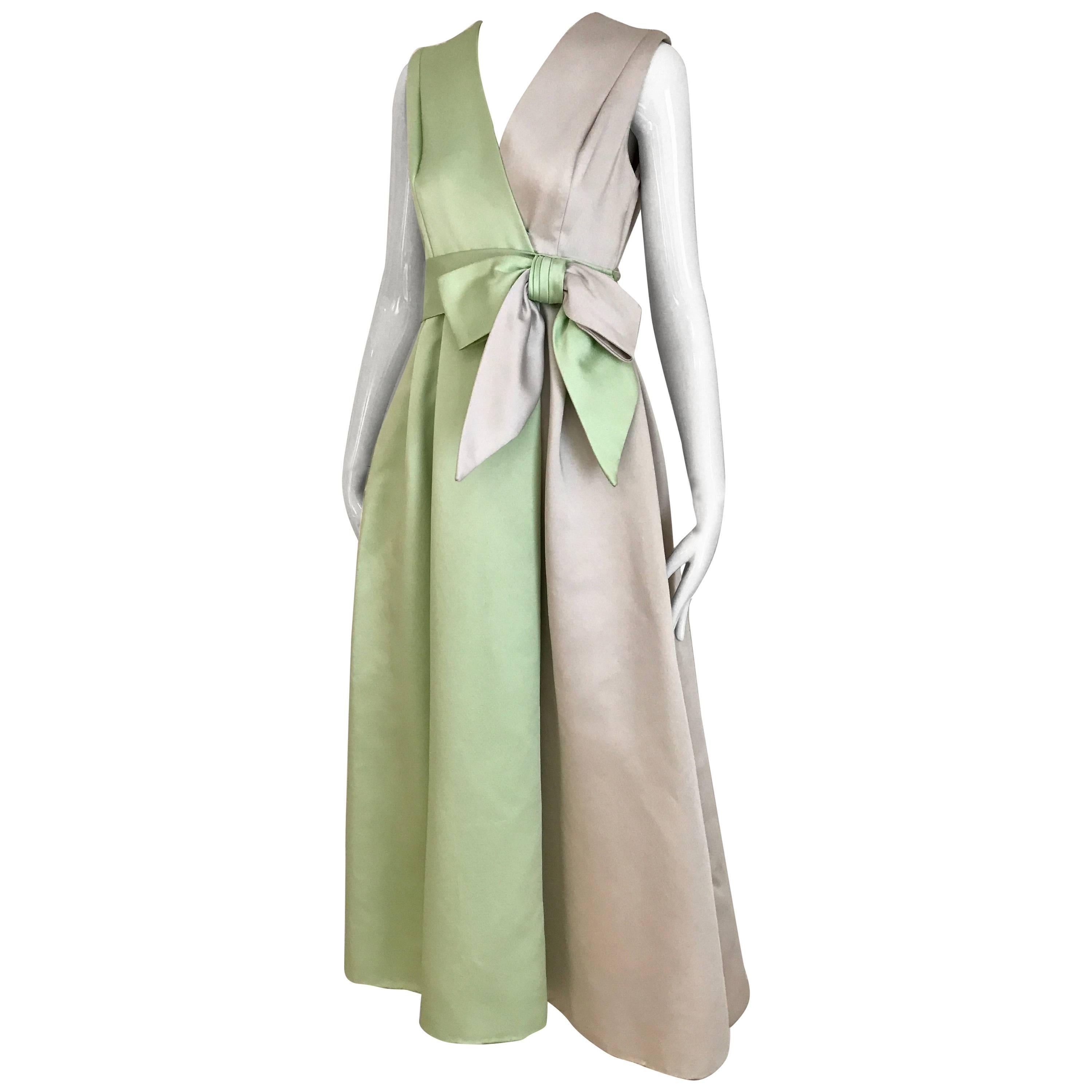 1960s Celadon Green and Grey Sleeveless Silk Dres with Bow