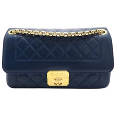 Chanel Blue Quilted Calfskin Leather Gold Metal Chain Shoulder Flap Bag