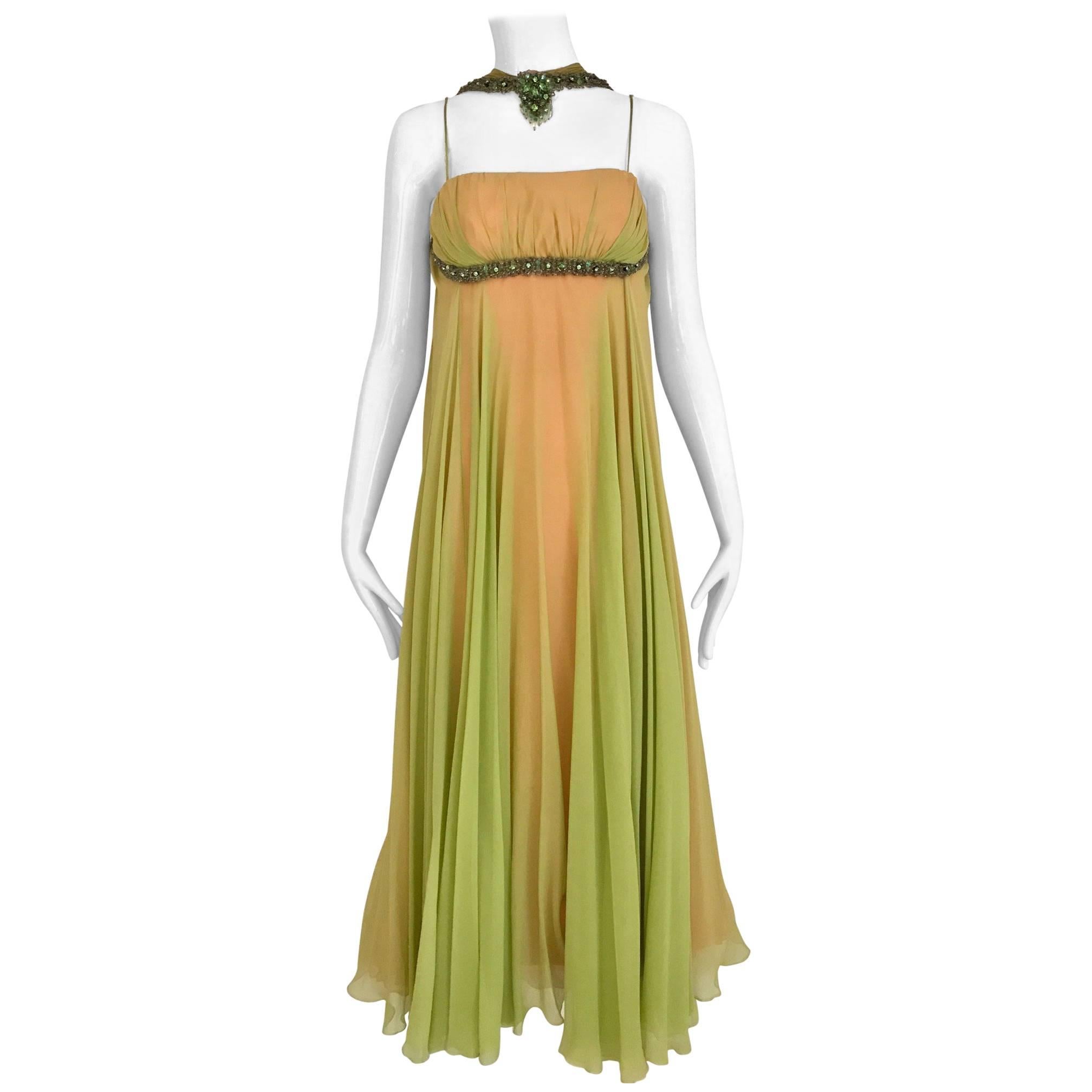 1960 Chartruese Silk Chiffon Evening Gown with Jeweled Neckline 