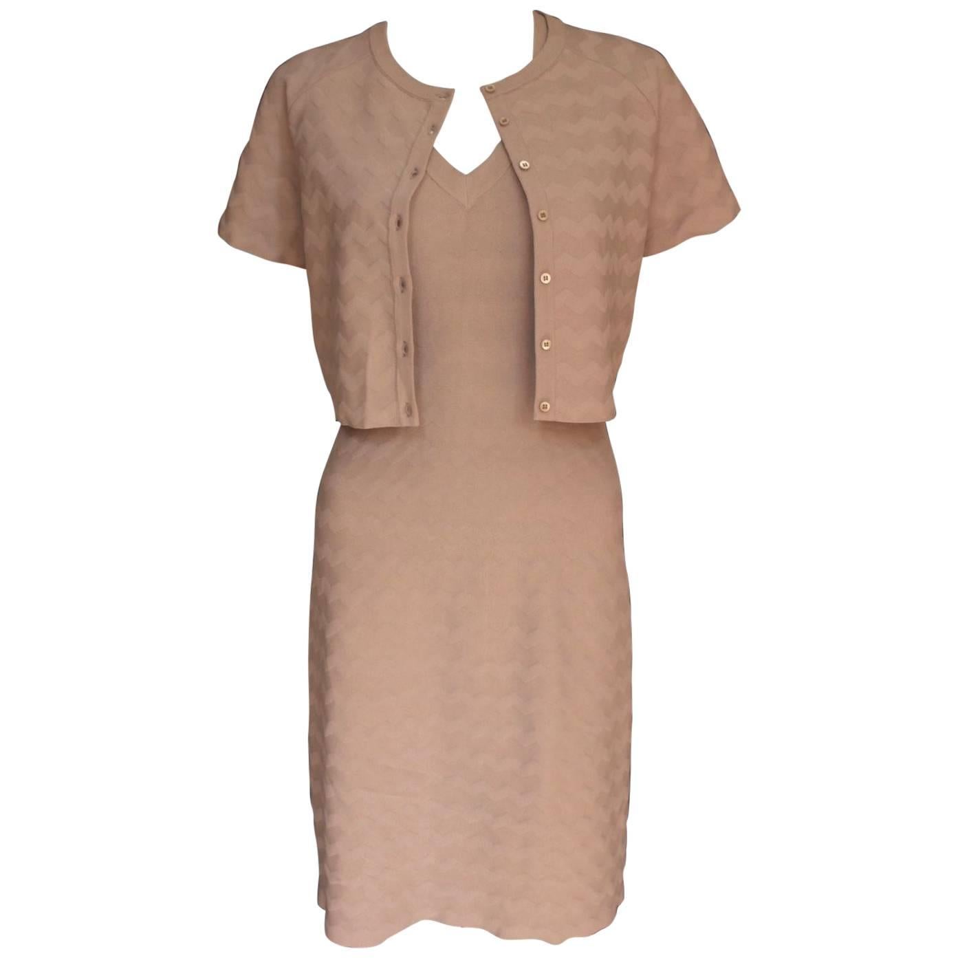 Alaia Dusky Beige Chevron Stretch Knit Dress with Matching Top  F42 uk 12  For Sale