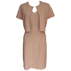 Alaia Dusky Beige Chevron Stretch Knit Dress with Matching Top  F42 uk 12 