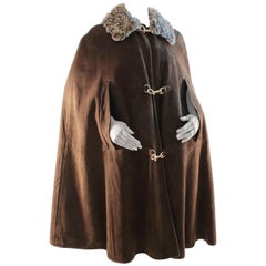 Bonnie Cashin Sills Long Brown Suede Leather Cape With Curly Lamb Collar 70s OS 5