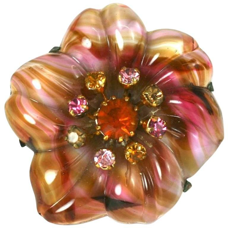 Czechoslovakian Art Glass Flower Brooch For Sale