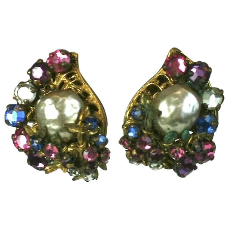 Miriam Haskell Pearl and Multicolored Paste Leaf Earrings
