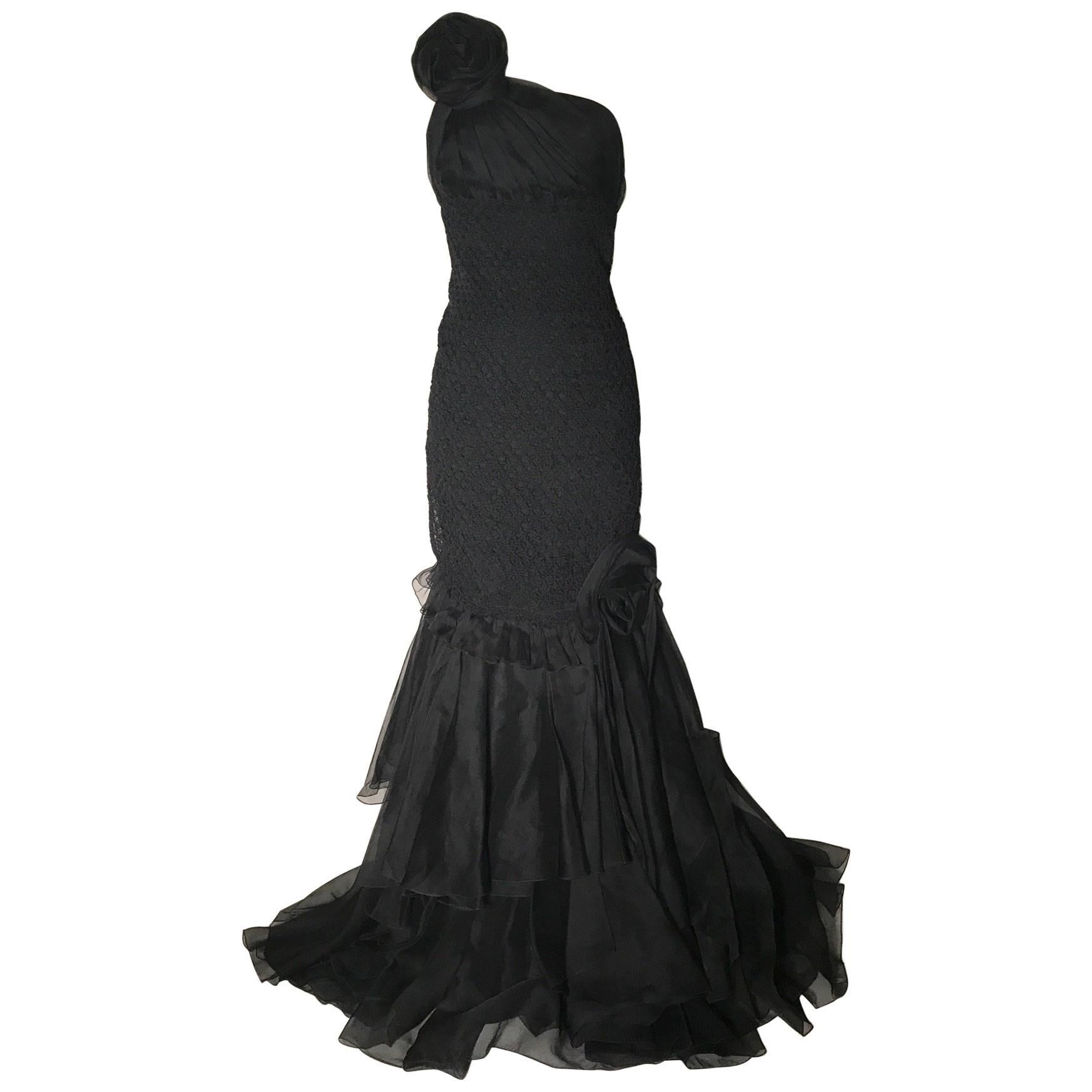 Prada Black Textured One Shoulder Gown with Rosette Detail and Ruffle Hem, 2008 