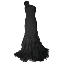 Prada Black Textured One Shoulder Gown with Rosette Detail and Ruffle Hem, 2008 