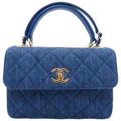 Chanel Trendy CC Blue Quilted Denim Gold Metal Chain Satchel Bag