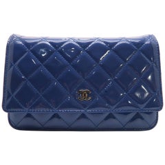 Chanel Wallet On Chain Blue Quilted Patent Leather Silver Metal Crossbody Bag