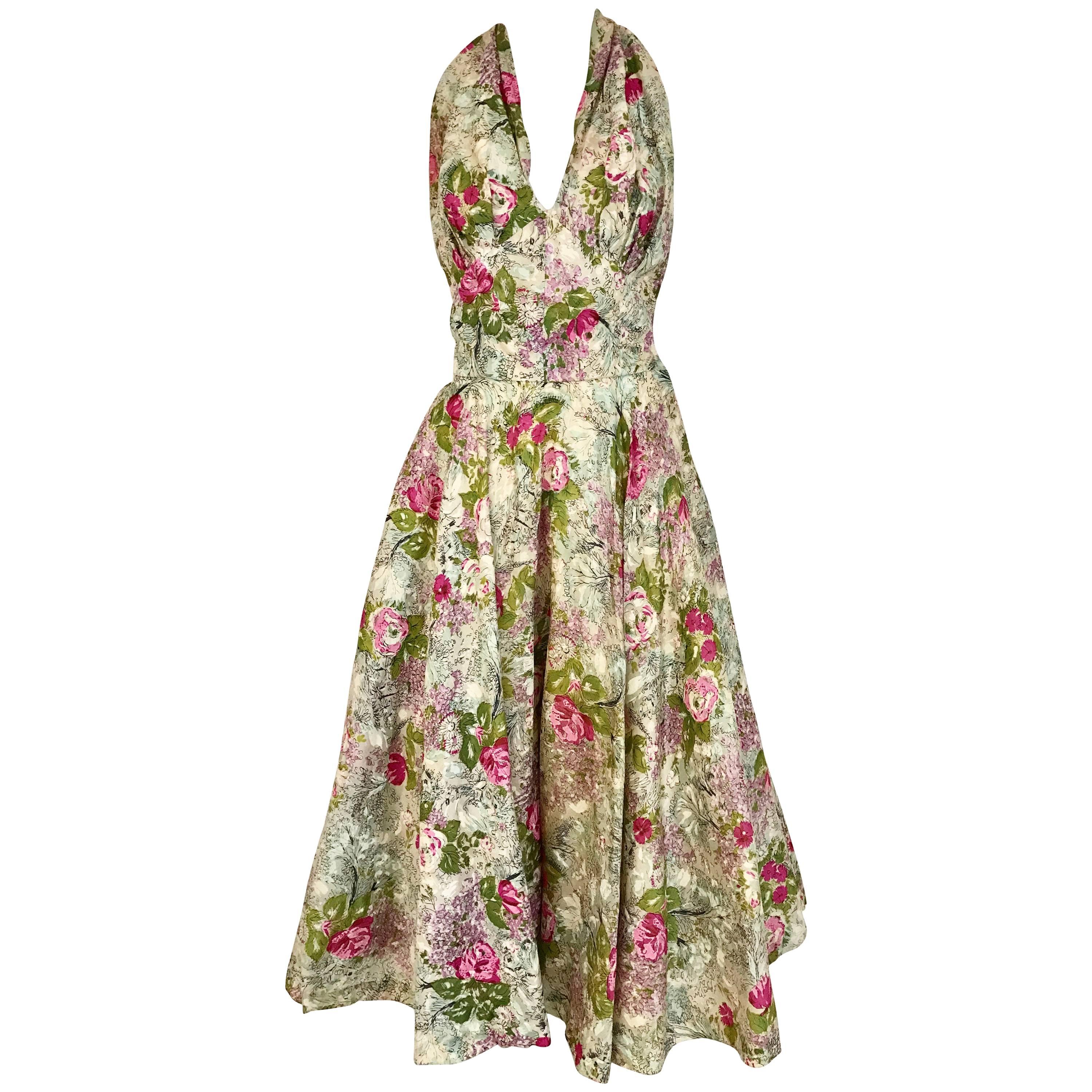 1950s Water Color Floral Print Halter Silk Cocktail Day Dress 