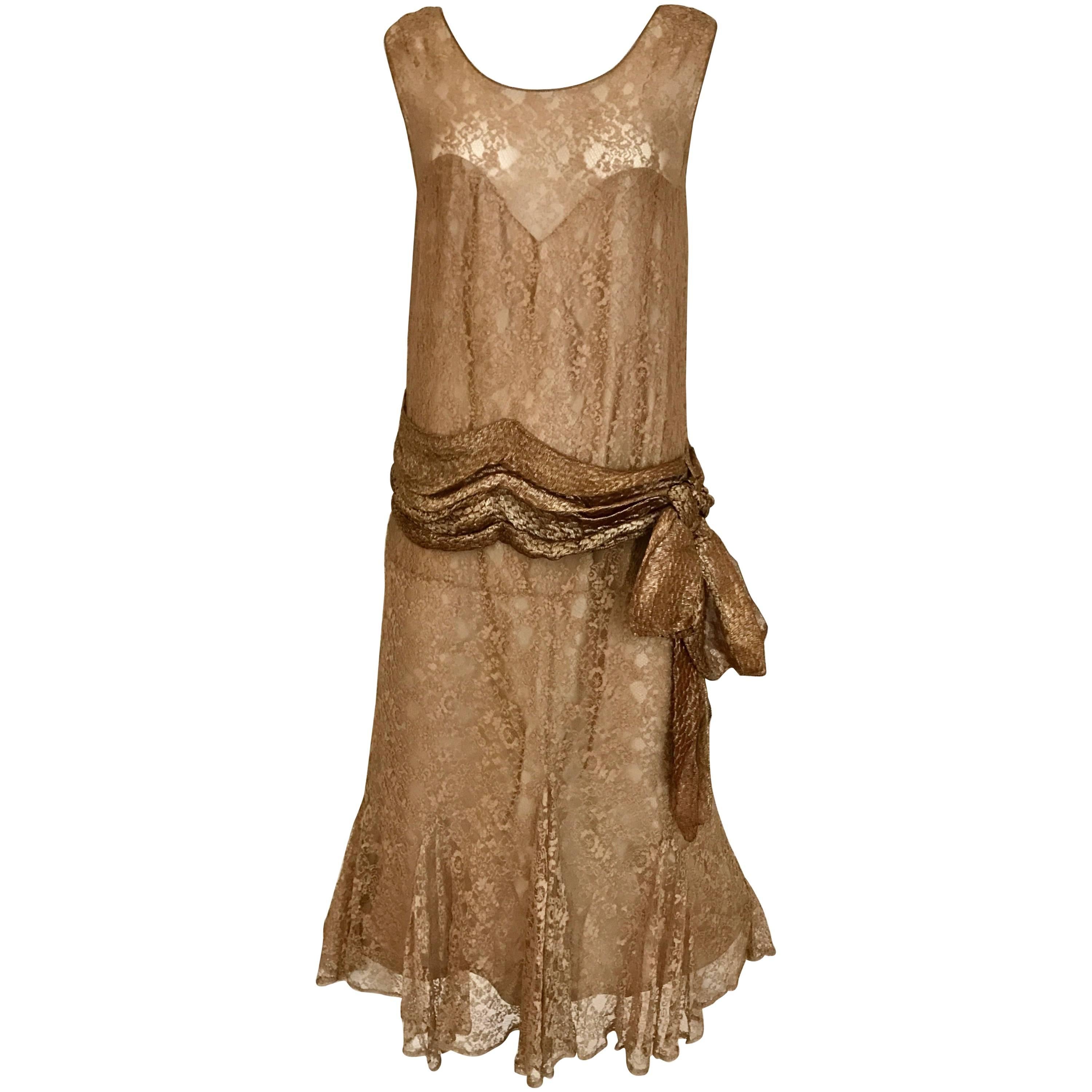 1920s Mocha Metallic Lace Flapper Dress