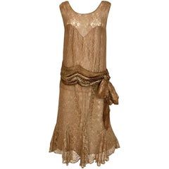 Antique 1920s Mocha Metallic Lace Flapper Dress