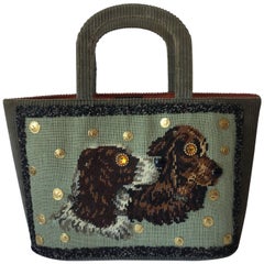 Retro Autumnal Olive Green Corduroy Tote with Needlepoint Spaniels. Late 1950's. Saks.