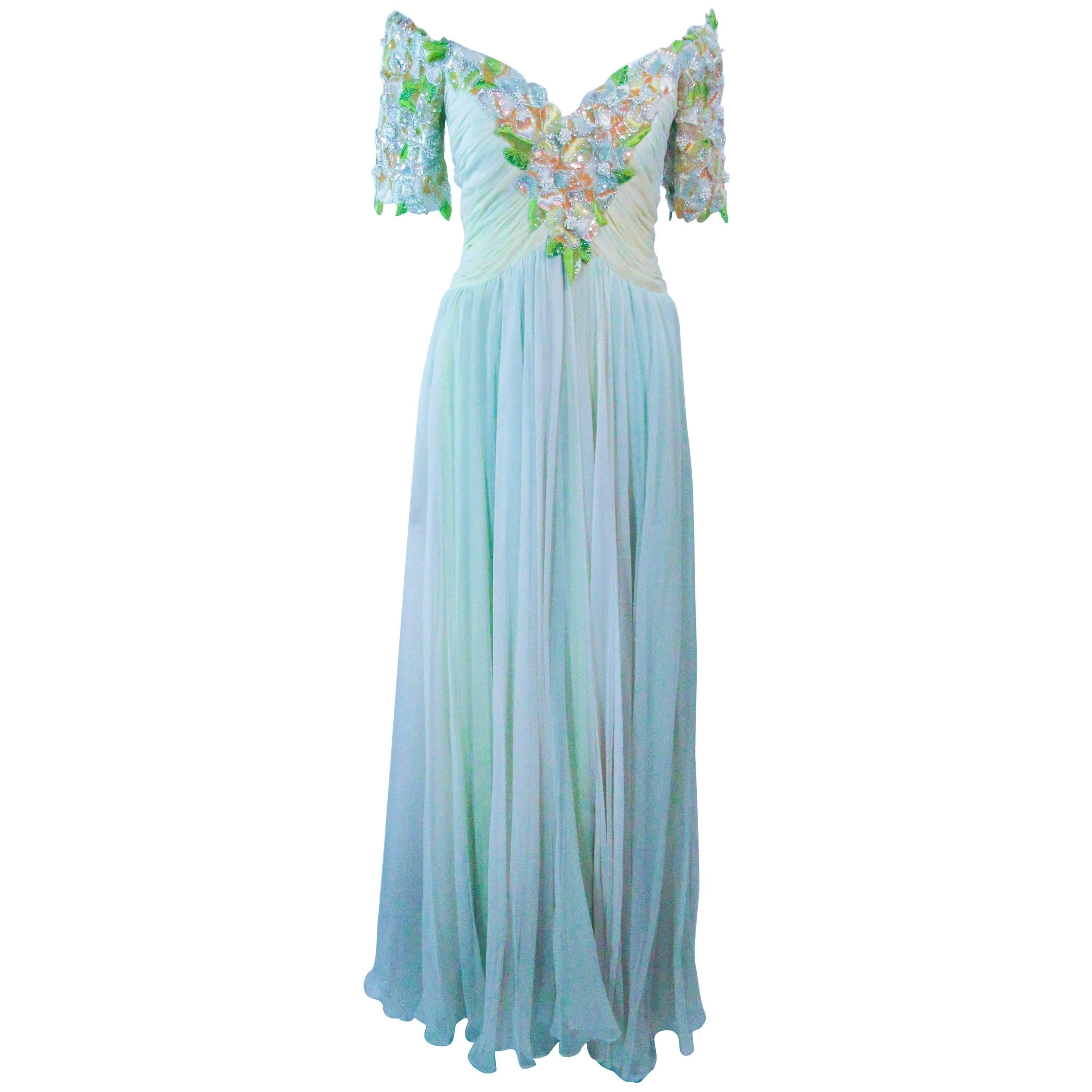 BOB MACKIE Green Chiffon Flower Embellished Gown Size 2 4 For Sale