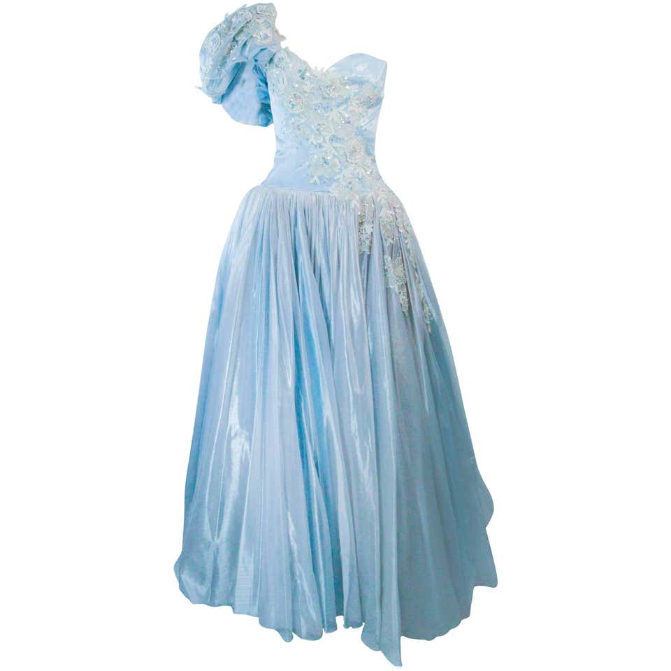 NOLAN MILLER Sky Blue Gown with One Shoulder and Floral Applique Size 2 ...