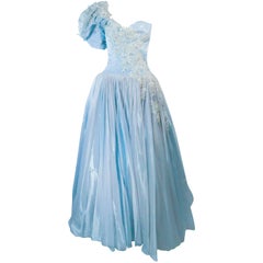 NOLAN MILLER Sky Blue Gown with One Shoulder and Floral Applique Size 2 4