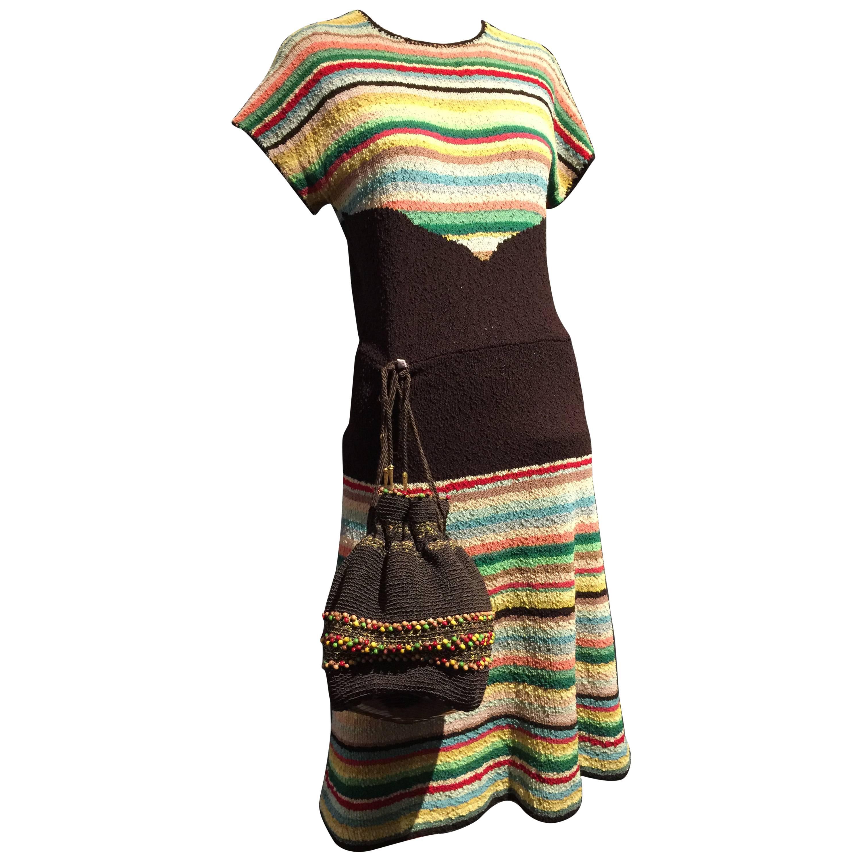1940s Multi-Color Stripe Boucle Knit Dress with Coordinating Knit Purse