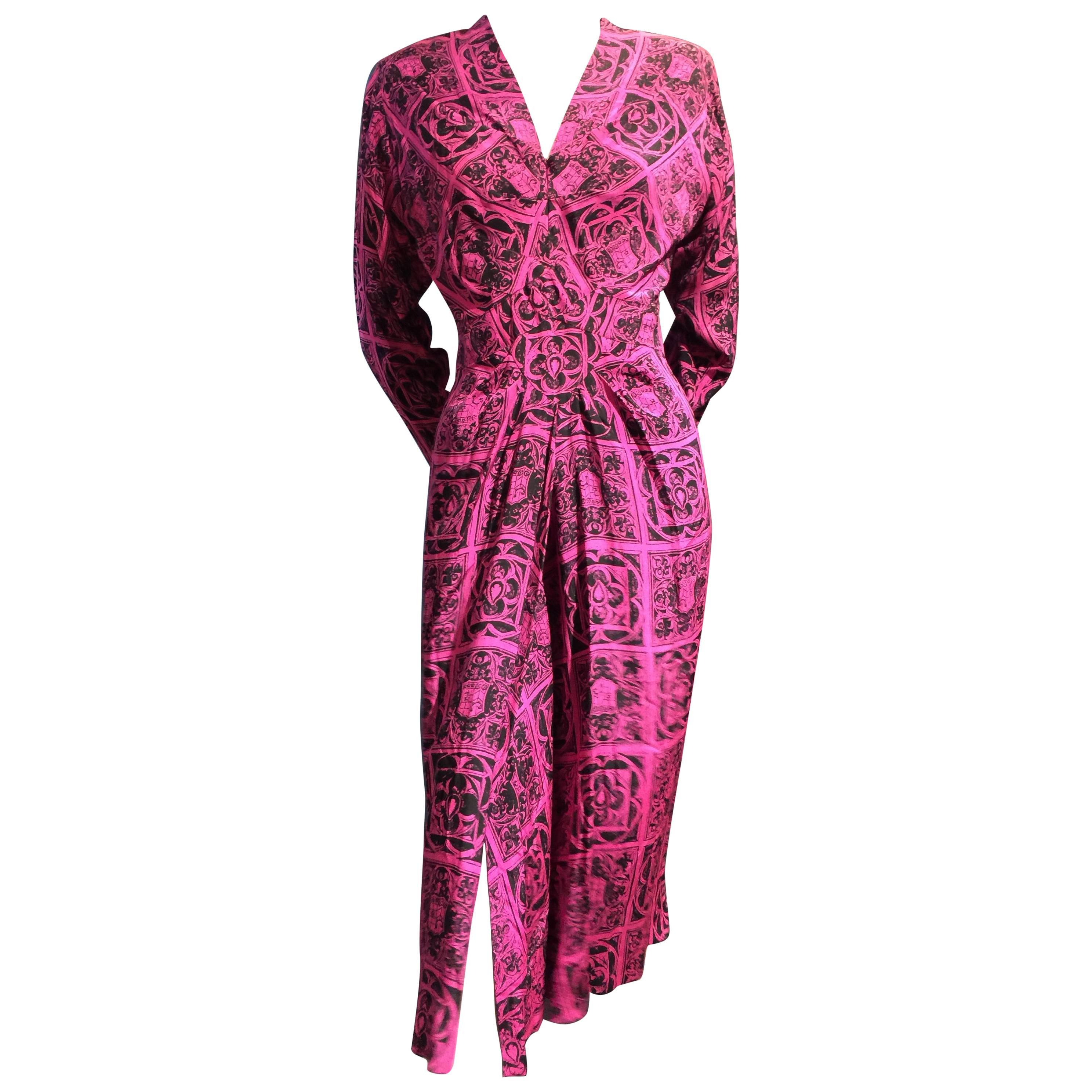 1940s Adrian Magenta and Black Print Dress w Front Slit Diamond Inset and Gather For Sale