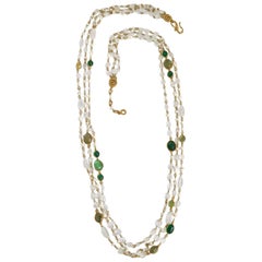 Goossens Paris Pearl and Tinted Green Rock Crystal Triple Row Long Necklace