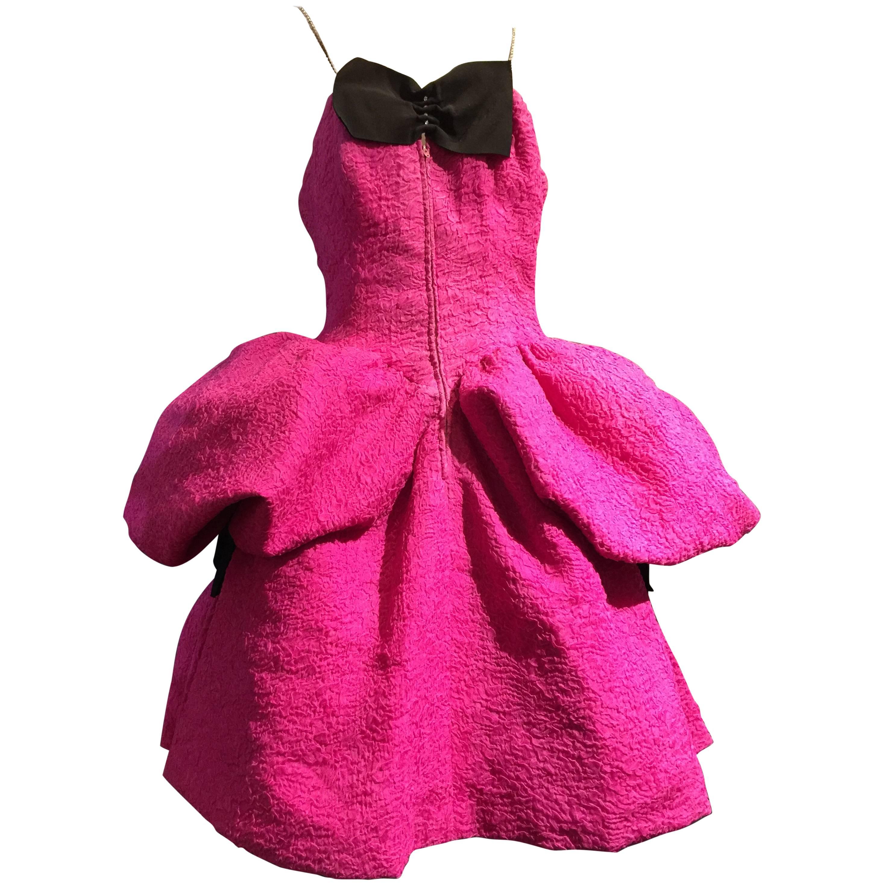 1980s Iconic Christian Lacroix Hot Pink Textured Silk Pouf Dress w Side Panels For Sale
