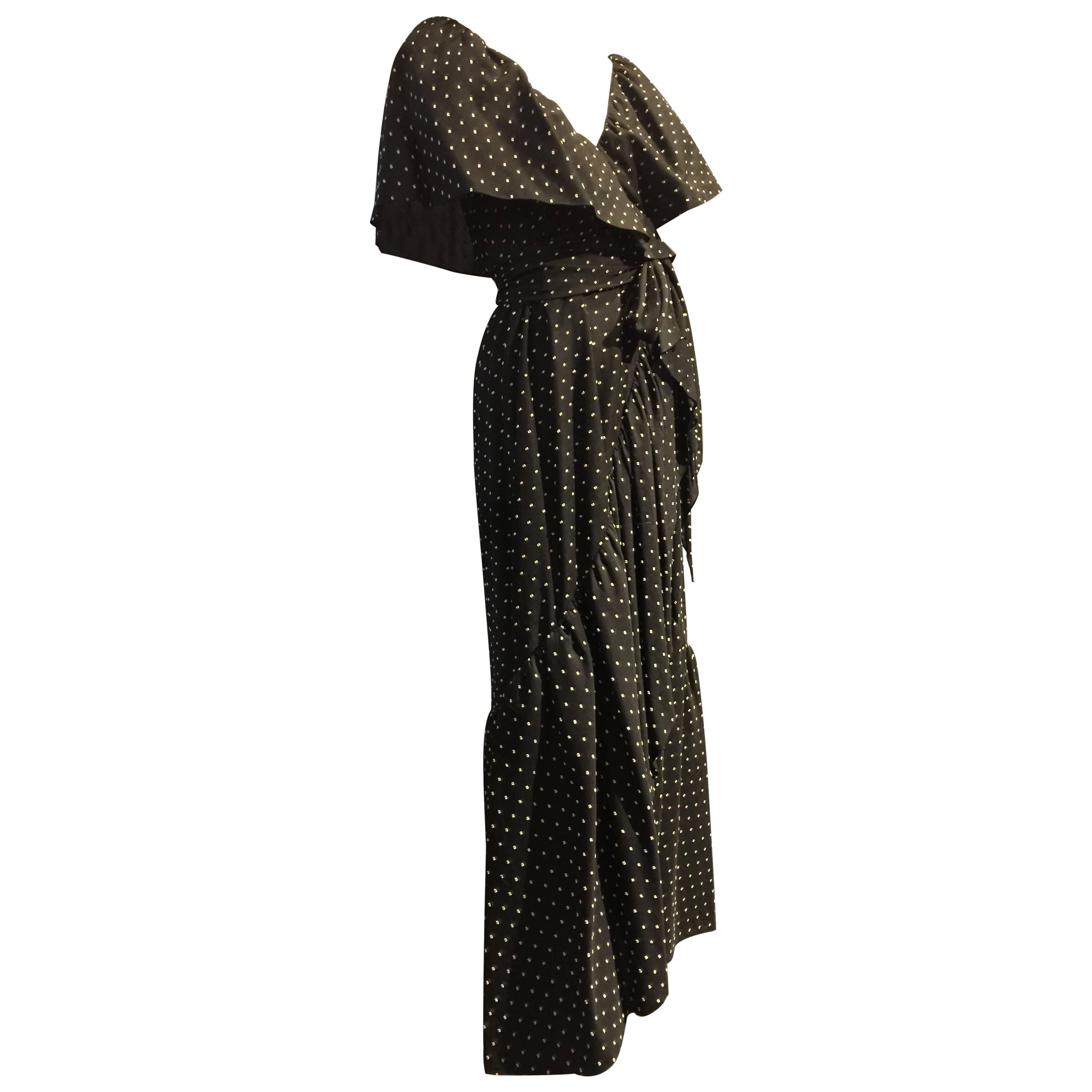 1970s Halston Cotton Voile Woven Dot Wrap-Around Wrap Maxi Dress w Ruffle