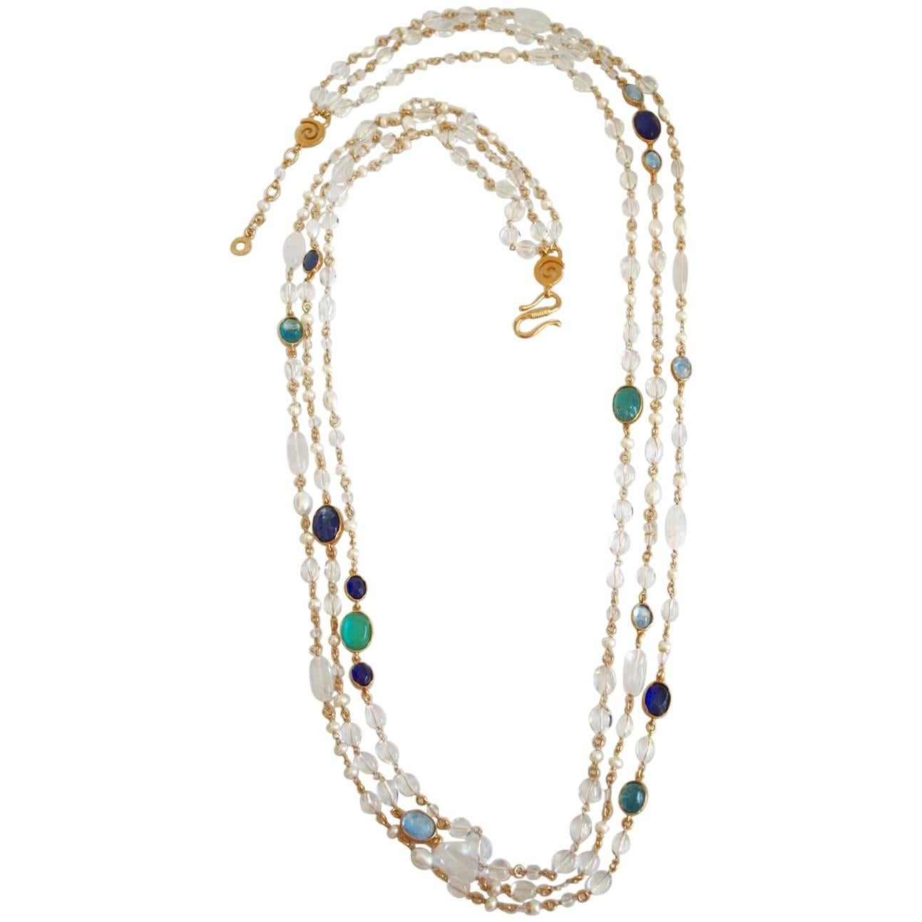 Goossens Paris Pearl and Tinted Blue Rock Crystal Triple Row Long Necklace