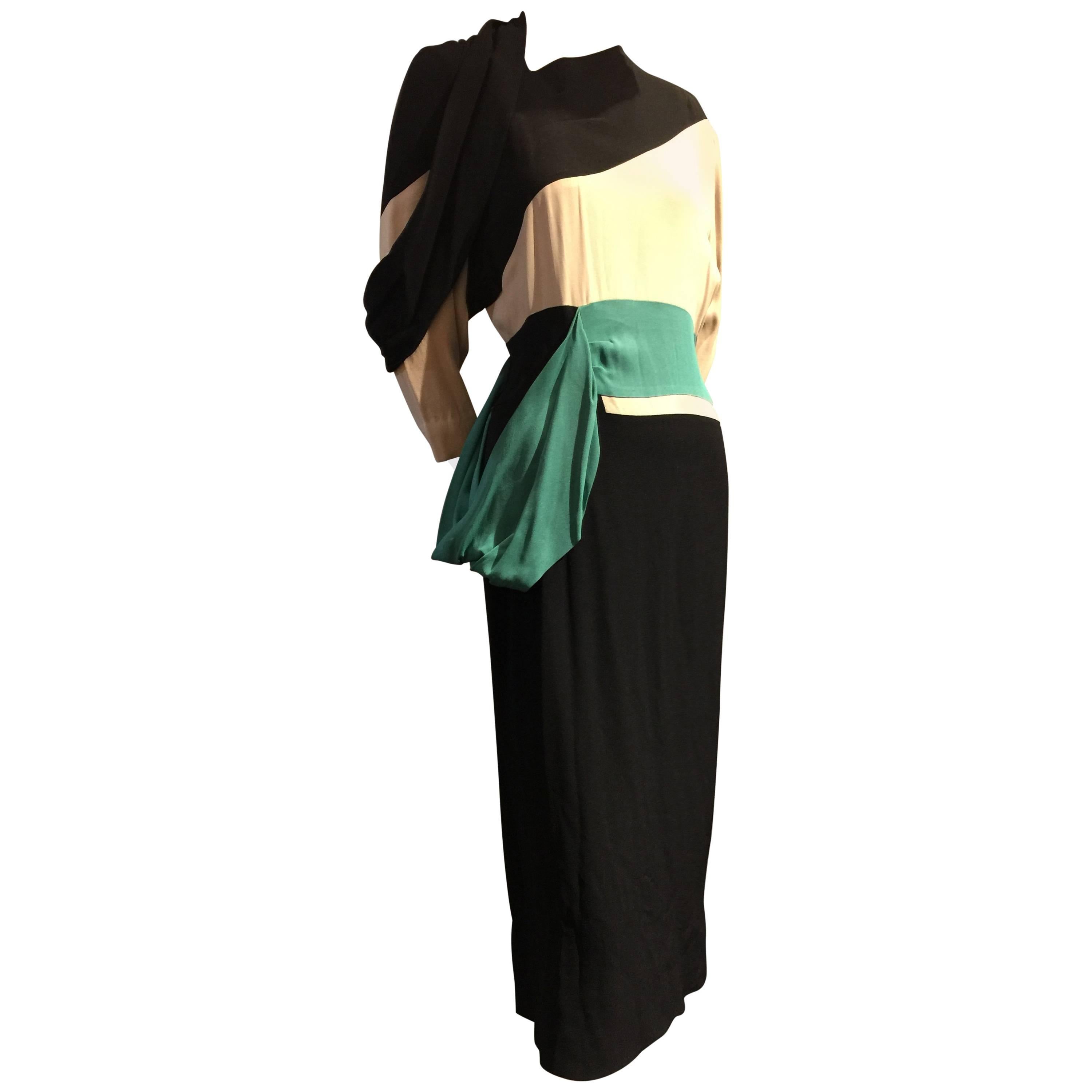 1940s Iconic Adrian Original Cubist-Inspired Dress in Green Gray and Black Drape