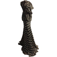 1980s Valentino Black and White Silk Polka-Dot Column Gown w Ruffled Front 12