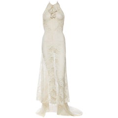 Vintage 1930S Ivory Cobweb Lace Backless Halter Gown With Train