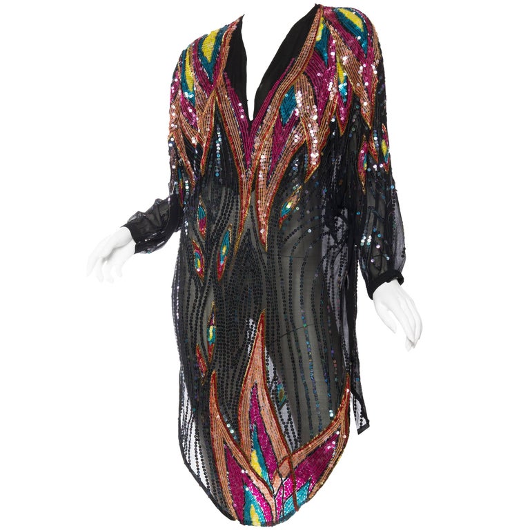 1970s Neil Bieff Sheer Sequined Disco Tunic Dress at 1stDibs
