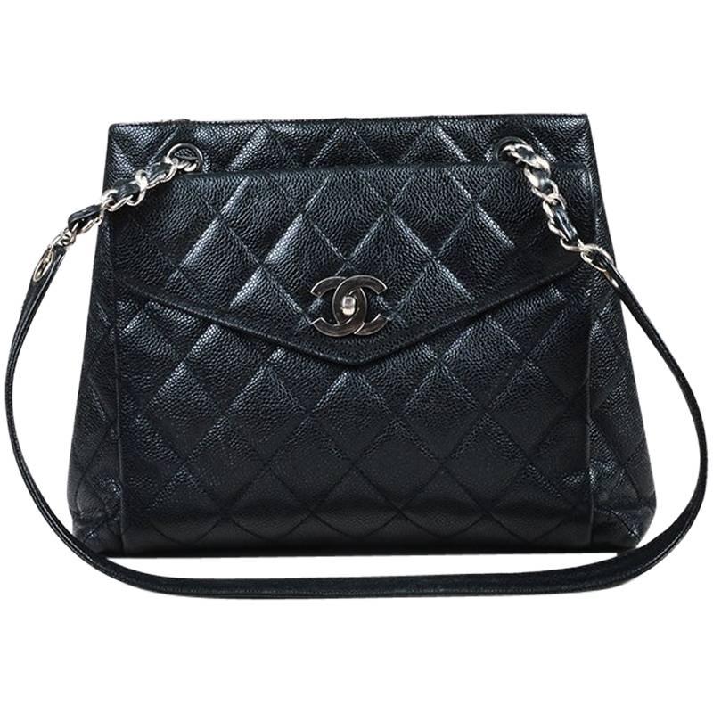 Vintage Chanel Black Caviar Leather 'CC' Flap Shoulder Bag For Sale