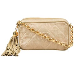 Retro Chanel Beige Quilted Chain Strap Tassel 'CC' Shoulder Camera Bag