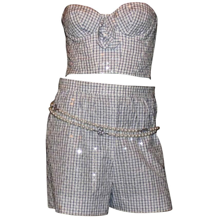 Chanel Vintage Babyblue Sequin Embellished Hot Pants Corset Suit Set