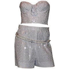 Chanel Vintage Babyblue Pailletten verschönert Hot Pants Korsett Anzug Set