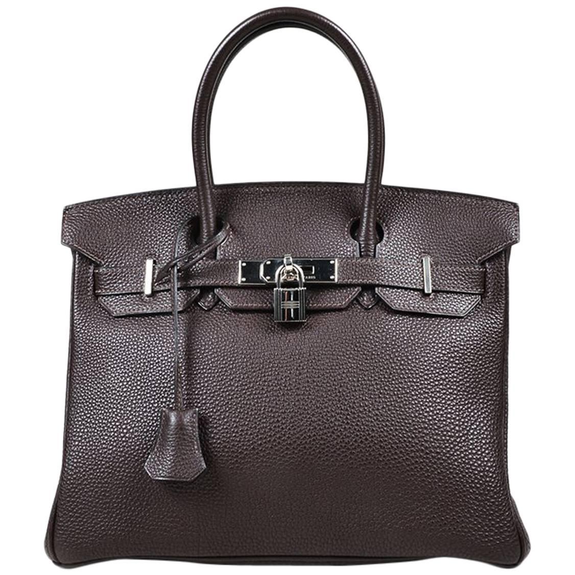 Hermes Chocolate Brown Togo Leather "Birkin 30" Top Handle Satchel Bag For Sale