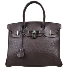 Hermes Chocolate Brown Togo Leather "Birkin 30" Top Handle Satchel Bag