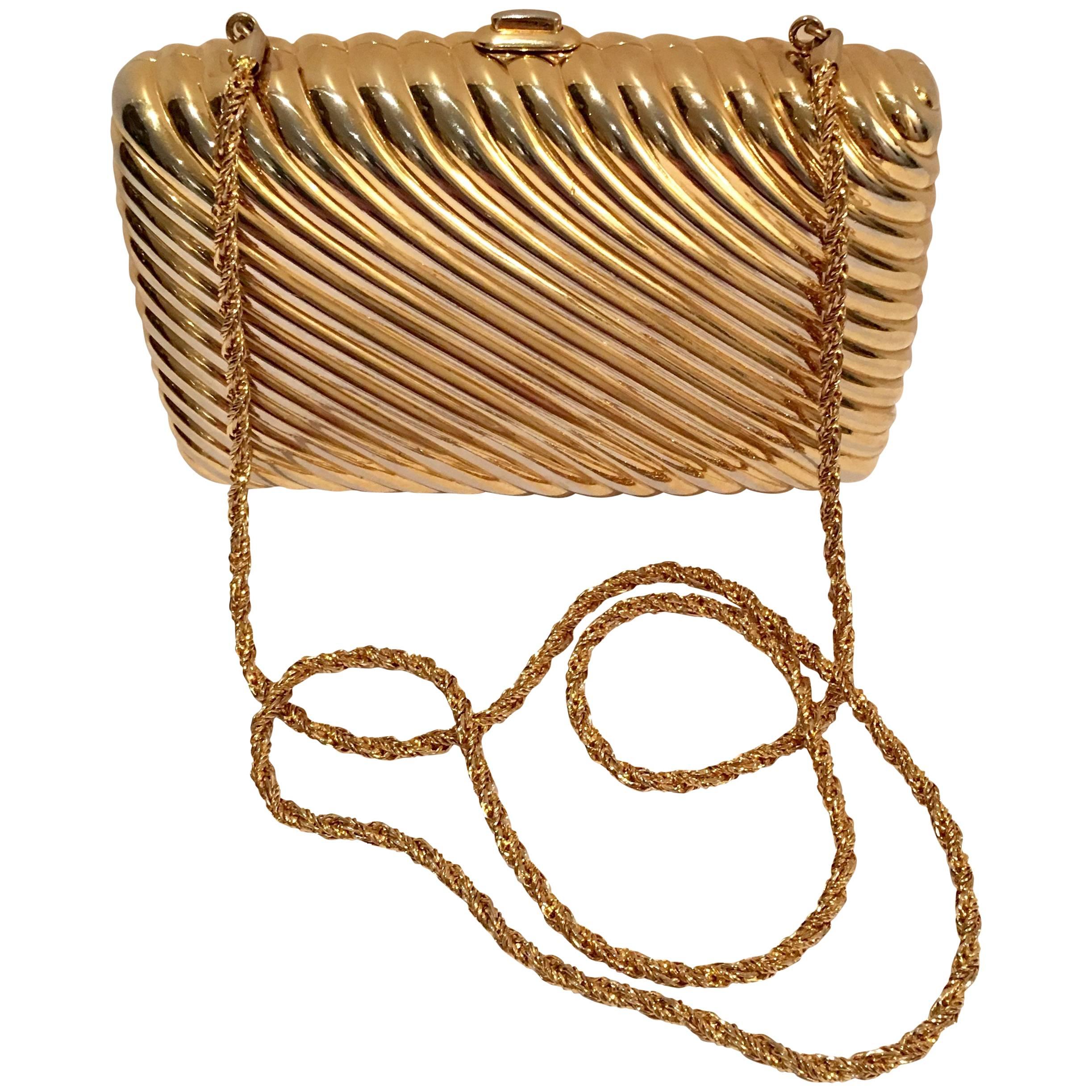 20th Century Gold Ribbed Minaudiere Box Clutch Evening Bag By, Judith Leiber