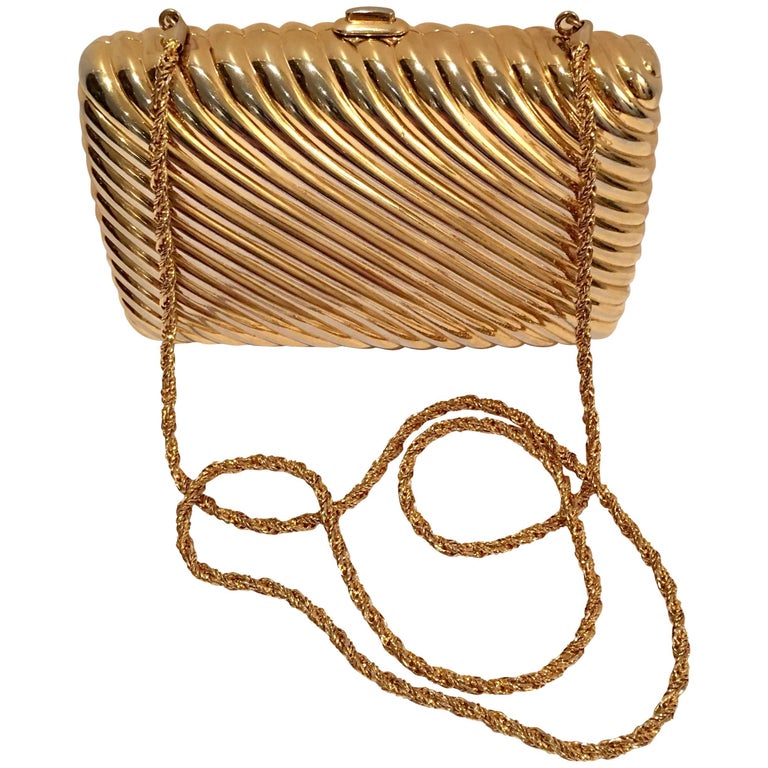 20th Century Gold Ribbed Minaudiere Box Clutch Evening Bag By, Judith Leiber at 1stDibs
