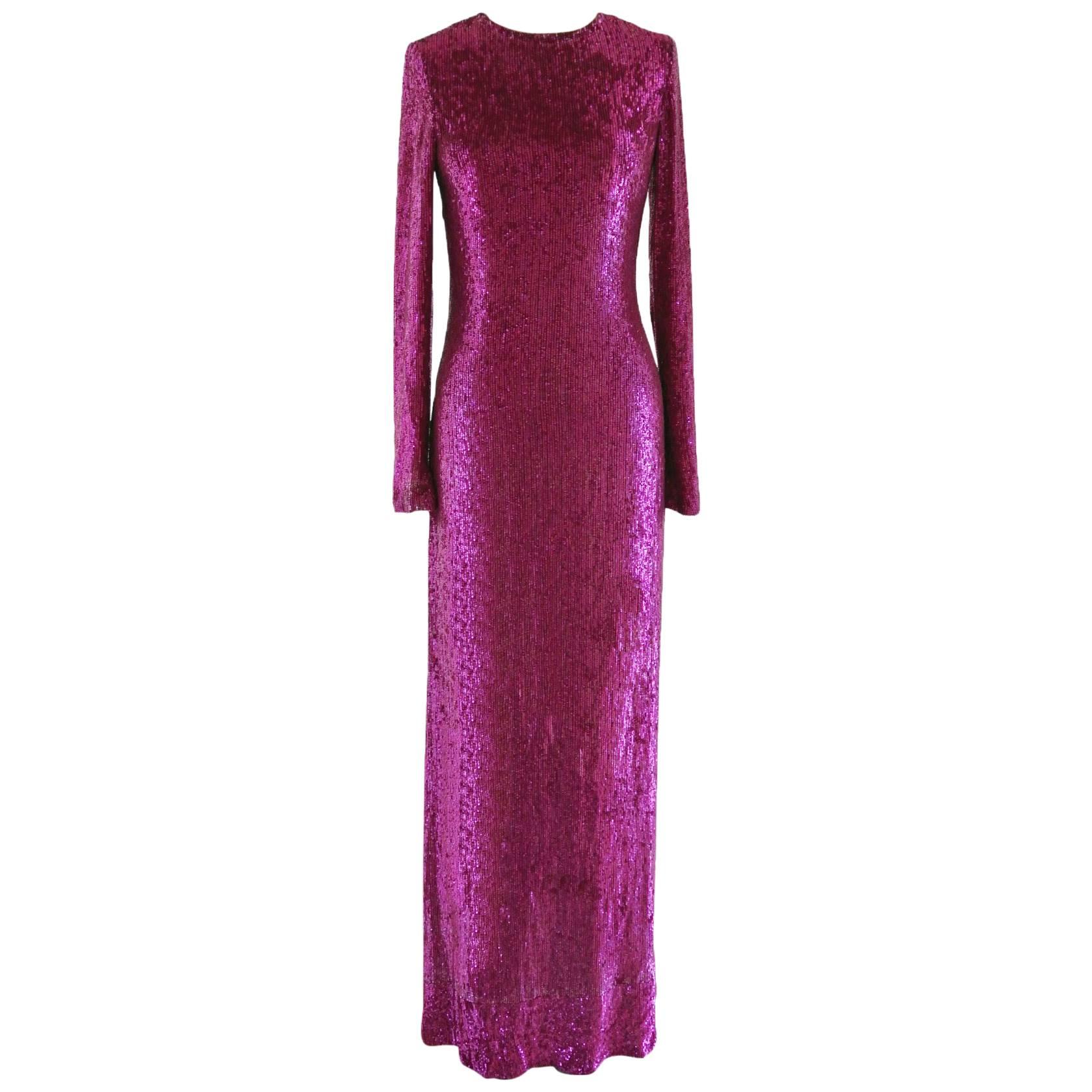 Lorry Newhouse Floor Length Sequin Dress with Long Sleeves - Raspberry Pink For Sale