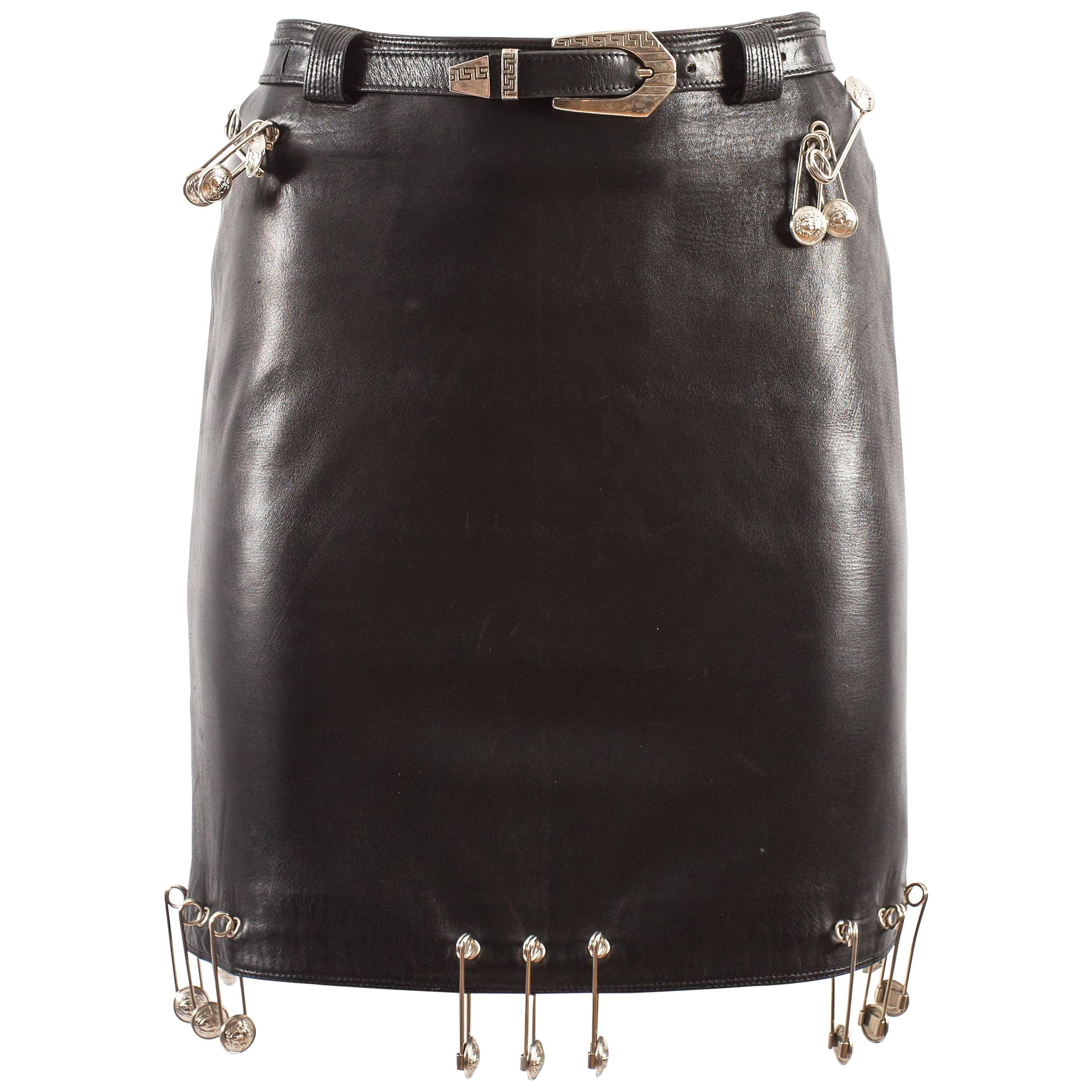Gianni Versace Spring-Summer 1994 black lambskin leather skirt with safety pins