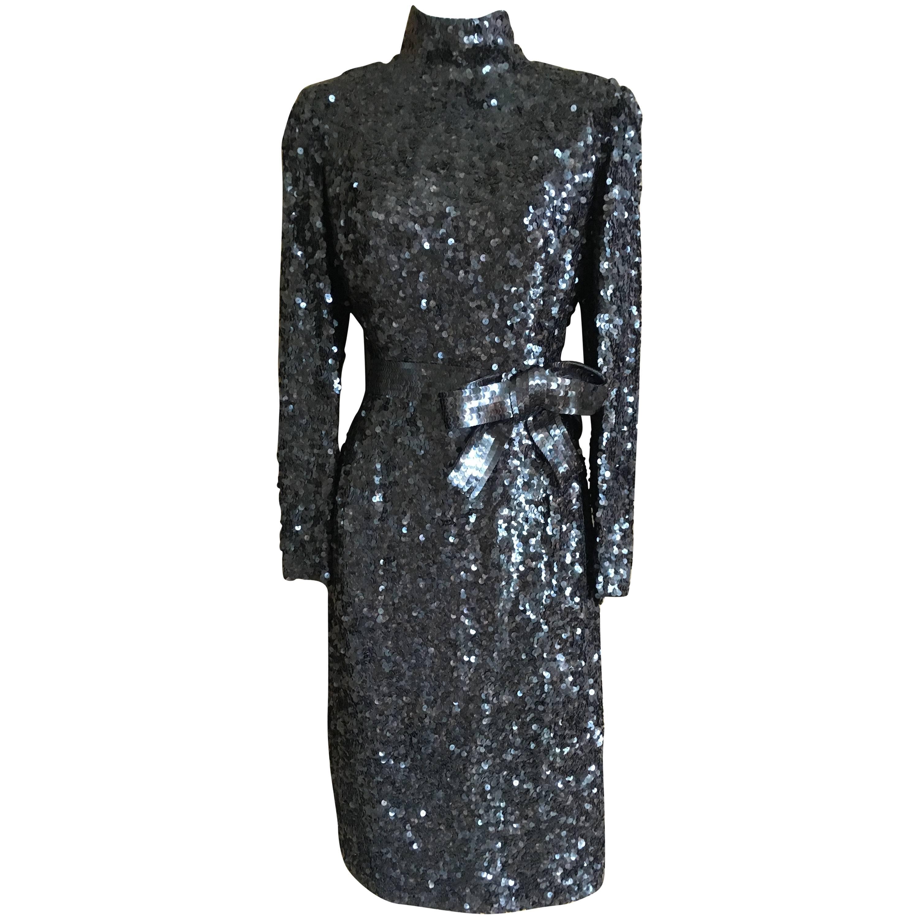 Norman Norell 1960's Sequin Cocktail Dress with Attached Bow Belt For Sale