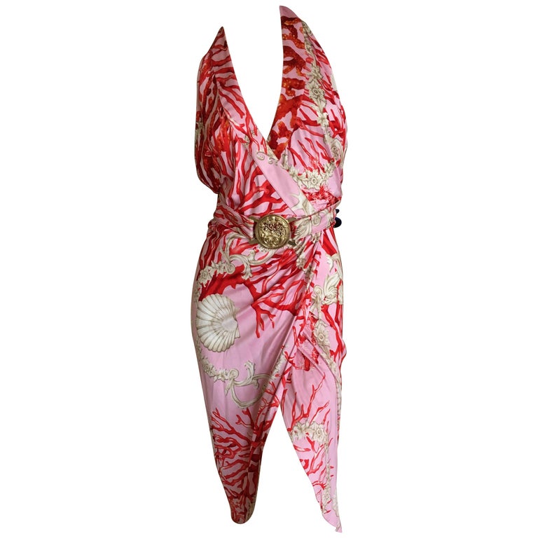 Versace Vintage Coral and Shell Print Halter Dress with Bold Gold Medallion Belt at 1stDibs | versace coral, versace shell dress, versace coral dress Versace Vintage Coral and Shell Print Halter Dress with Bold Gold Medallion Belt at 1stDibs | versace coral, versace shell dress, versace coral dress