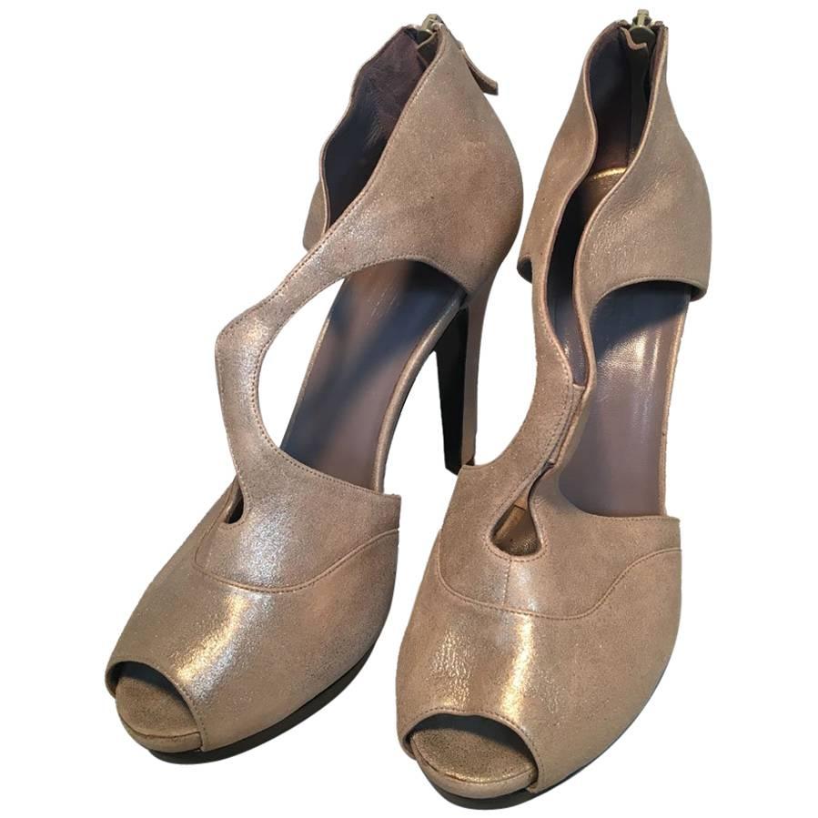Hermes Shimmery Golden Leather Strappy High Heels size 38