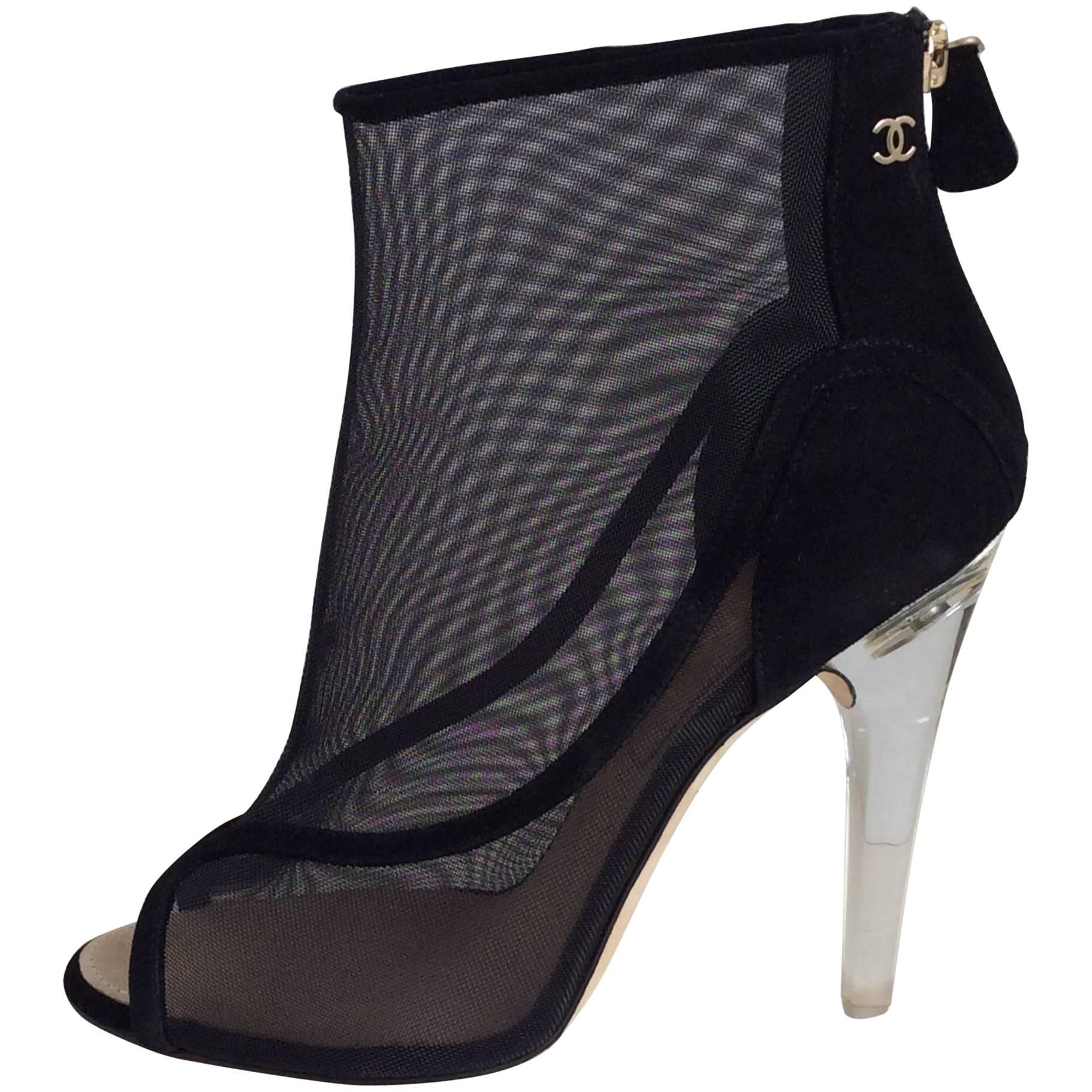 Chanel Black Mesh Booties With Clear Acrylic  Heel Sz 39 For Sale