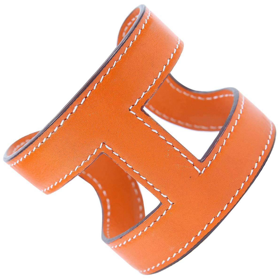 Hermès Orange Leather H Cuff Bangle Bracelet For Sale