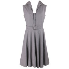 PAULINE TRIGERE c.1980's Gray Wool Extended Shoulder Belted Day Dress
