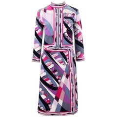 EMILIO PUCCI ca. 1960er 2-teiliges lila Anzug-Set mit Op-Art-Druck-Jacke und Rock