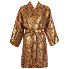 Vintage Japanese Golden Copper & Black Metallic Patterned Kimono w/Self Belt