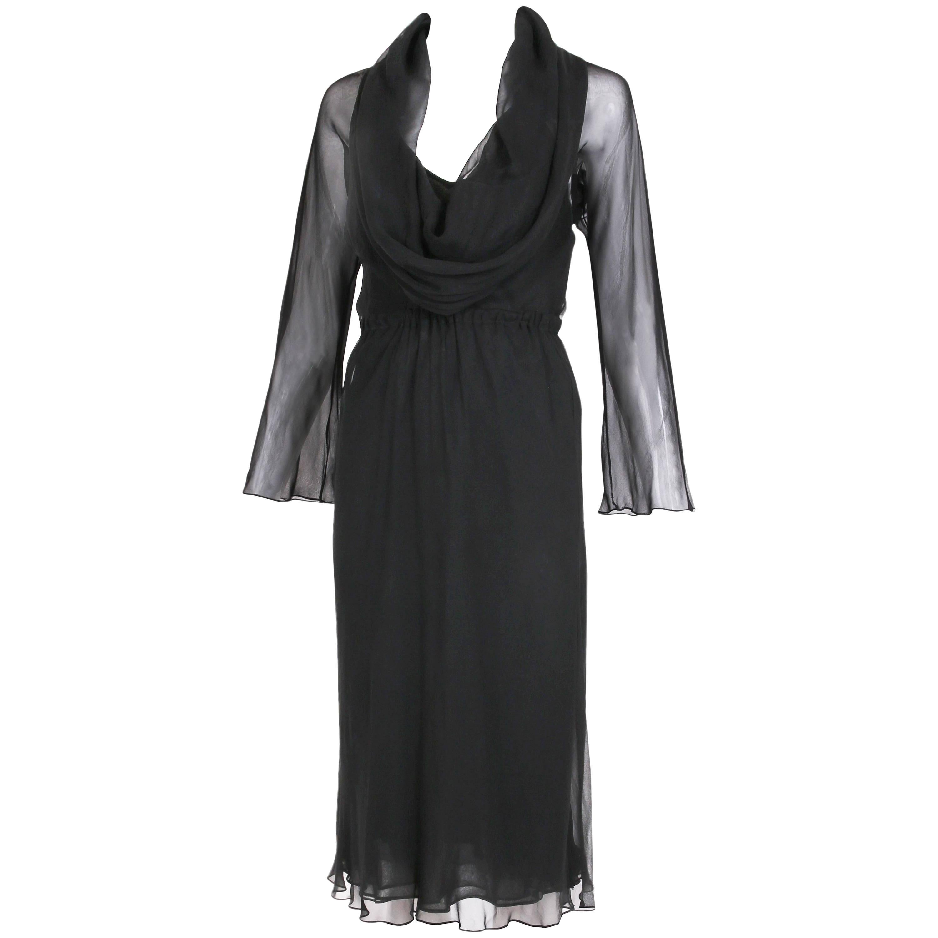 1970's Halston Black Sheer Bias Cut Silk Chiffon Slip Dress w/Cowl Neckline