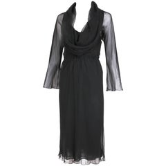 Vintage 1970's Halston Black Sheer Bias Cut Silk Chiffon Slip Dress w/Cowl Neckline