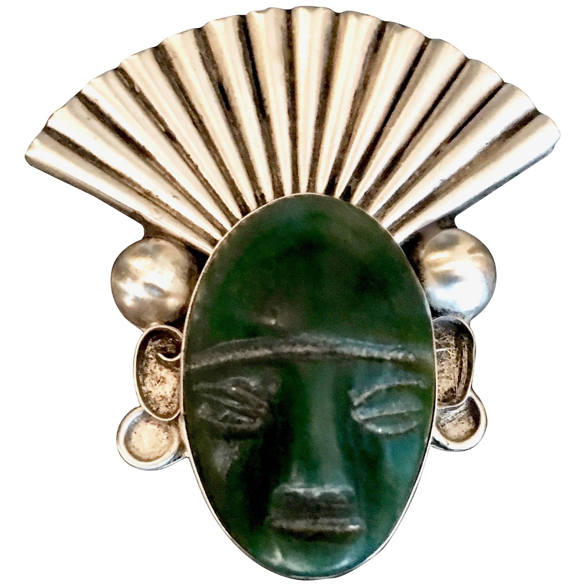 Mexican Sterling Silver Jade Brooch For Sale